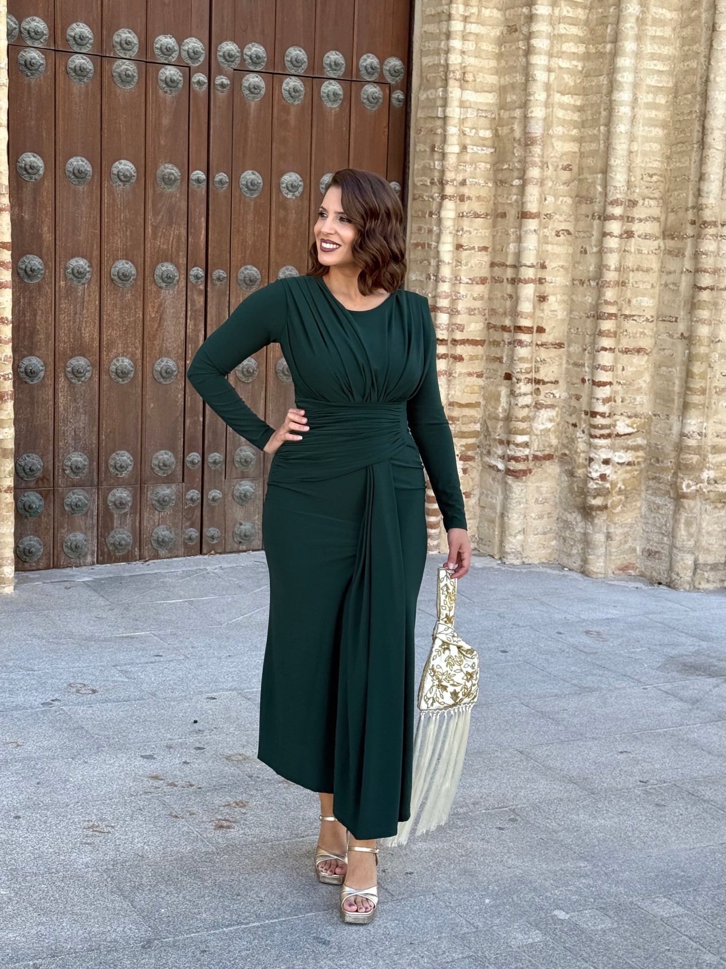 Vestido Drapeado Verde Botella